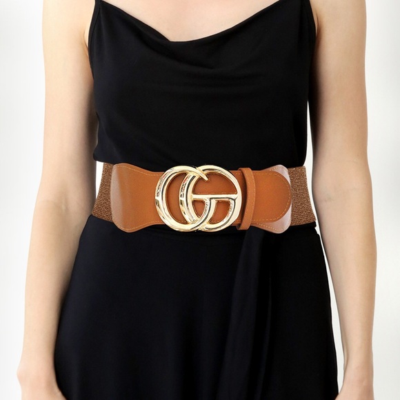 Oversized Metal Buckle Accented Elastic Statement Belt - Picture 3 of 9